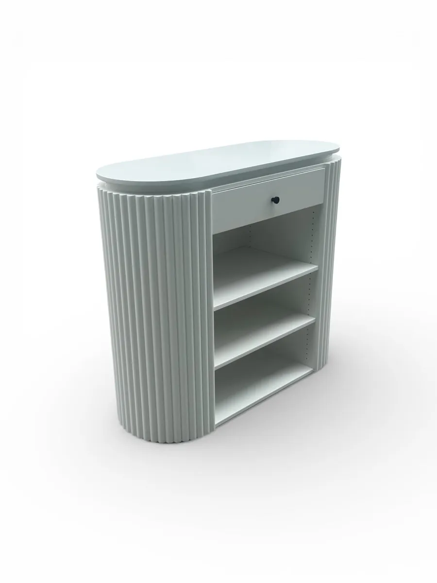 Pale sage fluted sideboard with a drawer and open shelving