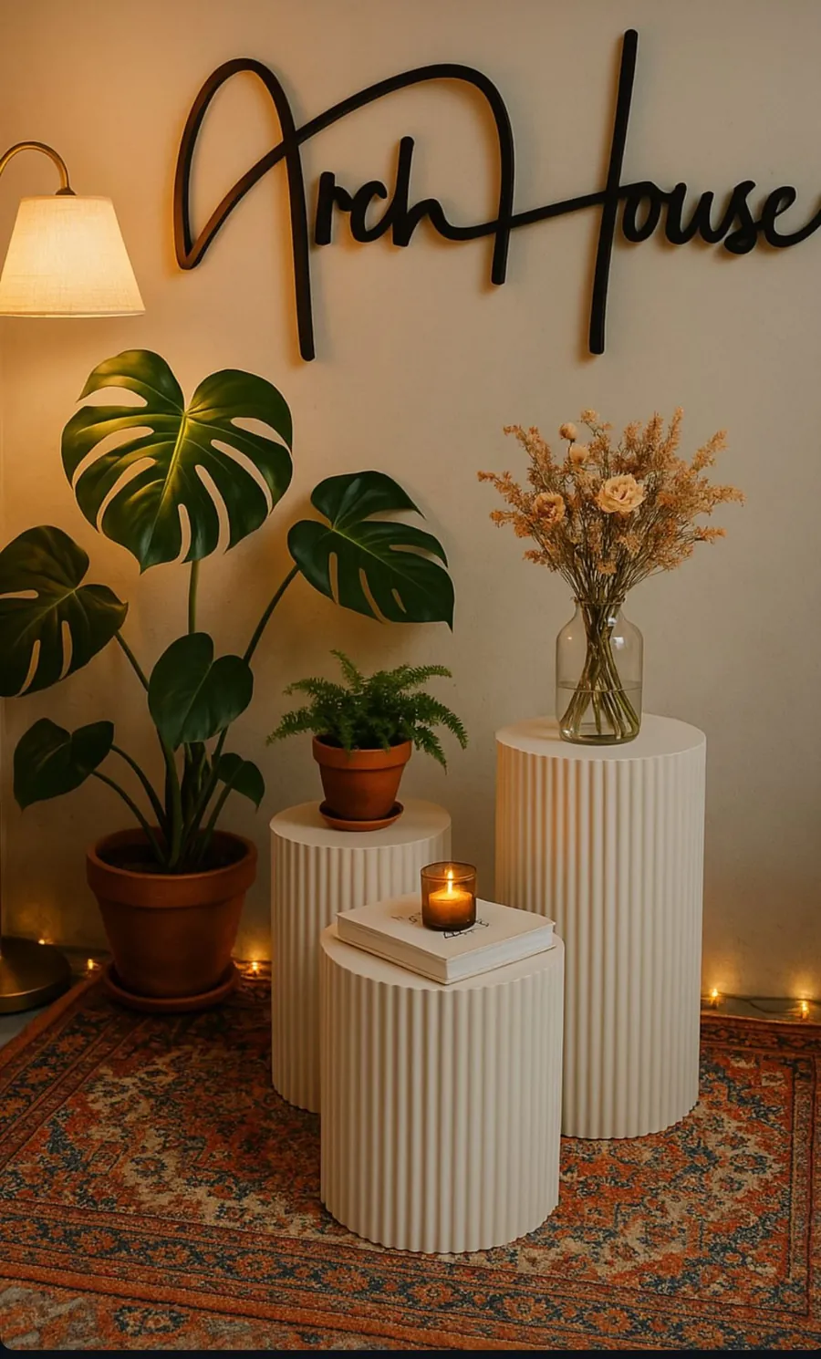 Fluted plinths and a black Arch House sign styled with plants and candles