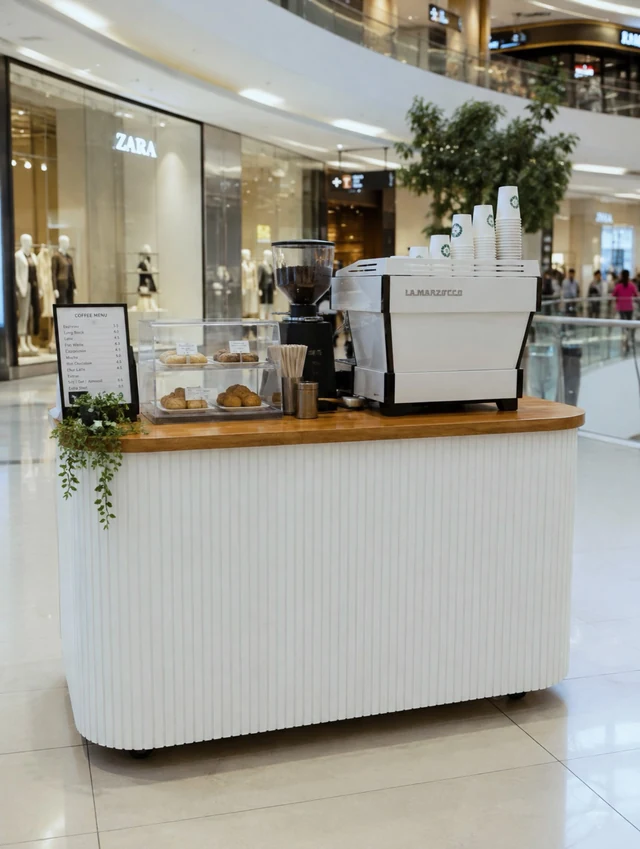 A white fluted coffee kiosk with a timber-look top, installed in a shopping centre