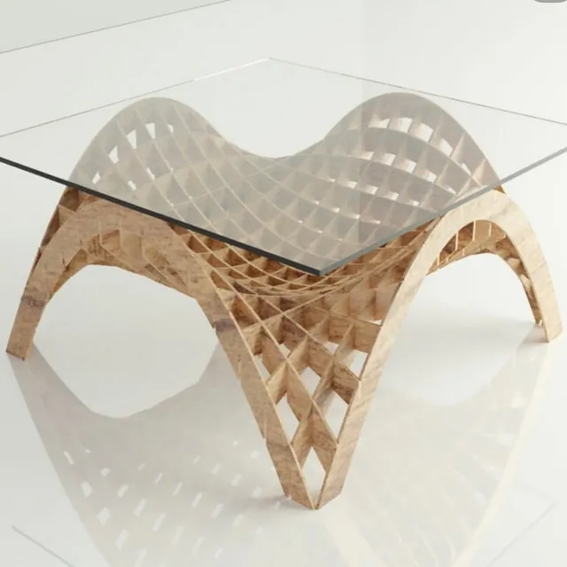 Parametric sliced-rib table base carrying a glass top
